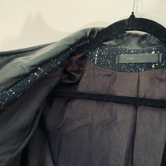 Vintage 80s Women L/XL* Coat Black Tweed Speckled Wool Leather Button Mod Gogo - Picture 8 of 15